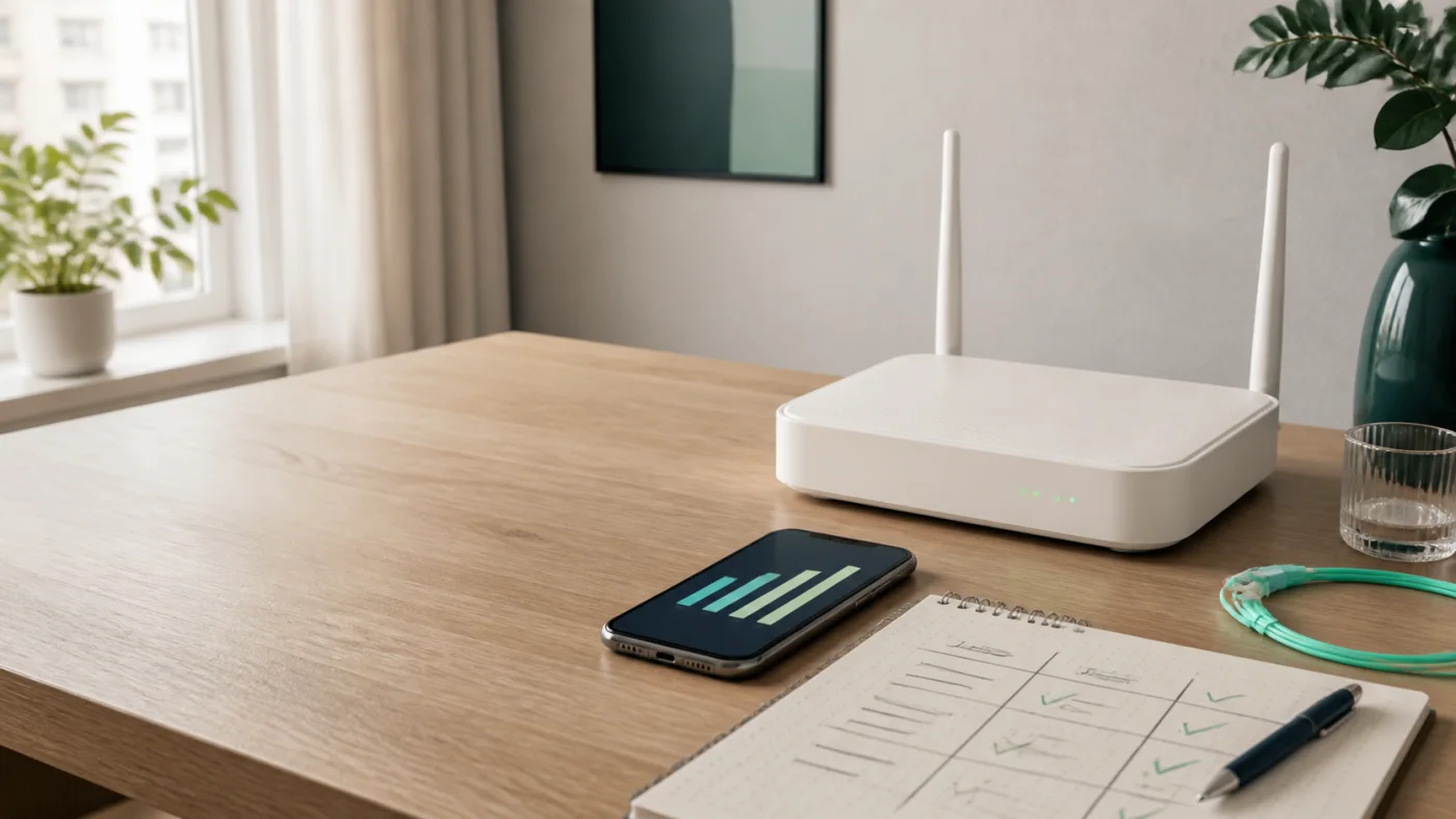 Living room with a router and laptop – illustrative image of a home internet connection